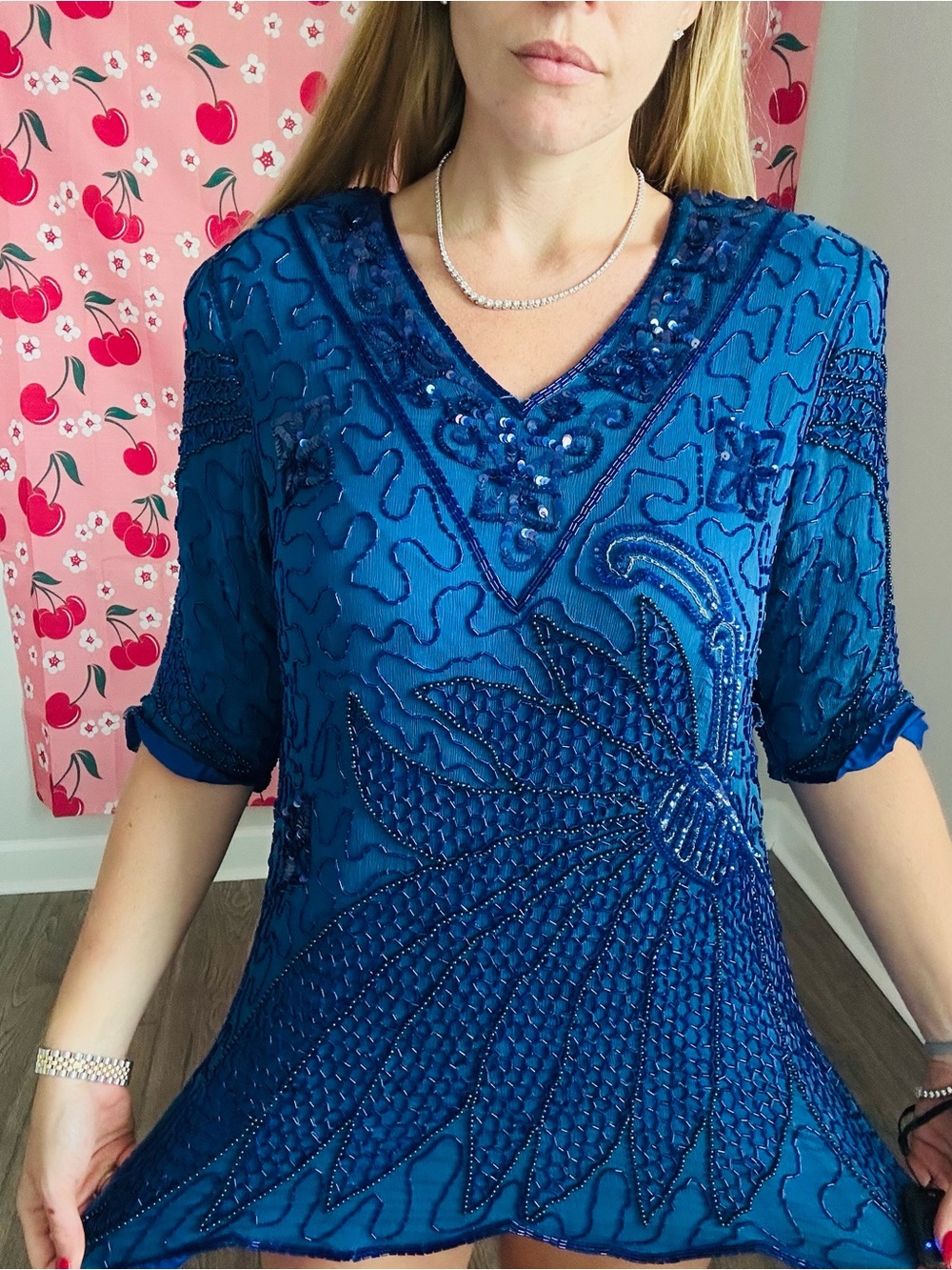 Beautiful Beaded Teal Blue V-Neck Top